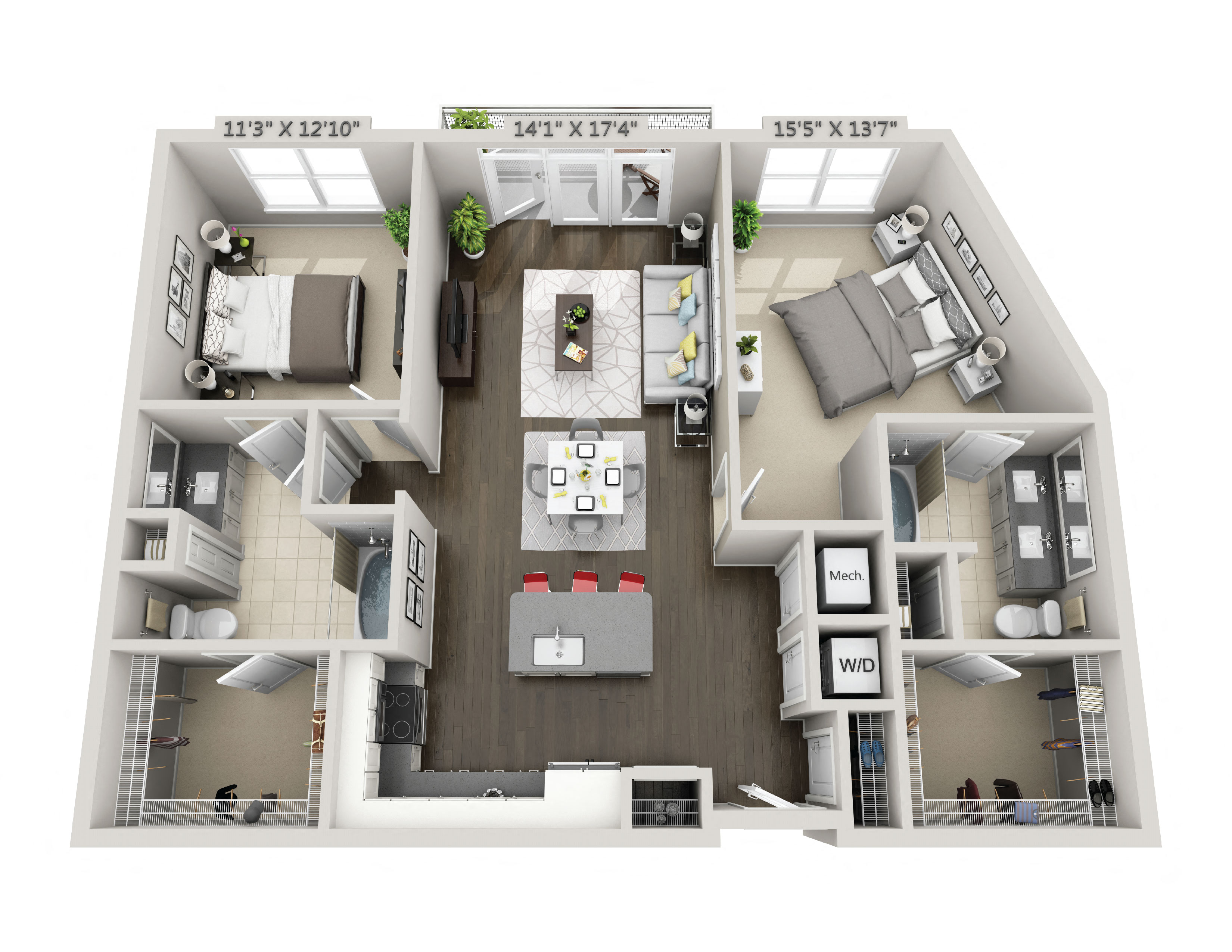 Floor plan for 2 beds, 2 baths, 1182 sqft